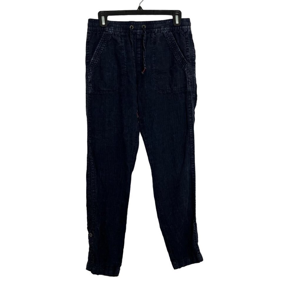 Anthropologie Overdyed Striped Linen Roll Tab Pull On Ankle Pant Blue Size Small